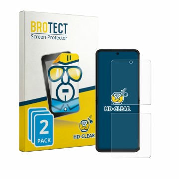 Face avant d’un emballage produit avec le logo de la marque BROTECT. À côté, l’appareil Motorola Razr 70 Plus est représenté a