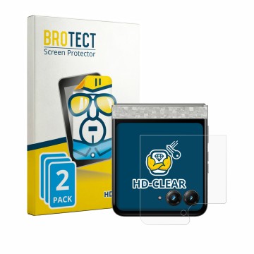Vorderseite einer Produktverpackung mit dem Markenlogo BROTECT. Daneben ist das Gerät Motorola Razr 70 (Hinteres Display) mit 