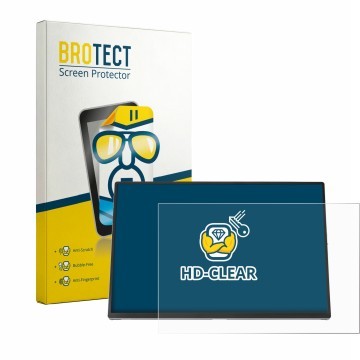 Front side of a product packaging with the brand logo BROTECT. Next to it is the device ASUS ZenScreen OLED MQ16FC shown with 