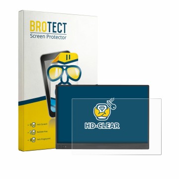 Front side of a product packaging with the brand logo BROTECT. Next to it is the device ASUS ZenScreen MB16NCG shown with the 