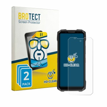 Parte frontal de un envase de producto con el logotipo de la marca BROTECT. Al lado se muestra el dispositivo Doogee V Max 2 P