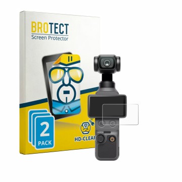 Parte frontal de un envase de producto con el logotipo de la marca BROTECT. Al lado se muestra el dispositivo DJI Osmo Pocket 