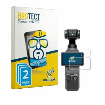 Face avant d’un emballage produit avec le logo de la marque BROTECT. À côté, l’appareil DJI Osmo Pocket 4 (Affichage + Lentill