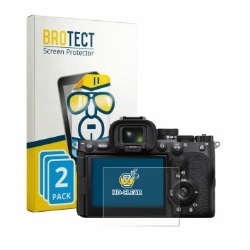 Parte frontal de un envase de producto con el logotipo de la marca BROTECT. Al lado se muestra el dispositivo Sony Alpha 7R VI