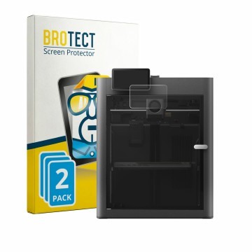 Parte frontal de un envase de producto con el logotipo de la marca BROTECT. Al lado se muestra el dispositivo Bambu Lab X2D co
