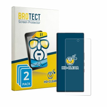 Front side of a product packaging with the brand logo BROTECT. Next to it is the device ZTE Nubia Red Magic 11S Pro shown with