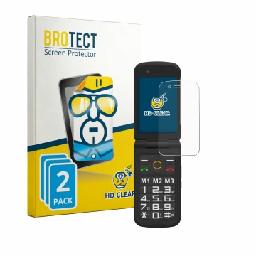 Parte frontal de un envase de producto con el logotipo de la marca BROTECT. Al lado se muestra el dispositivo AGM M8 FLIP con 