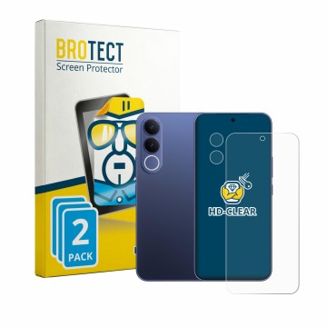 Parte frontal de un envase de producto con el logotipo de la marca BROTECT. Al lado se muestra el dispositivo Vivo V70 FE (Fro