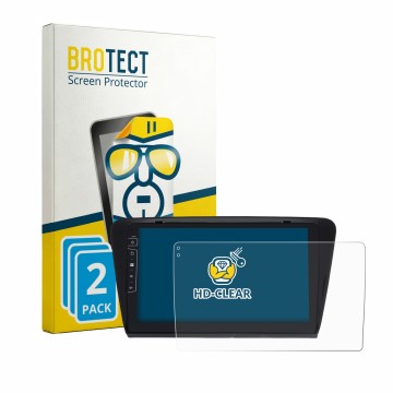 Front side of a product packaging with the brand logo BROTECT. Next to it is the device Dynavin D9-7 Premium Flex shown with t