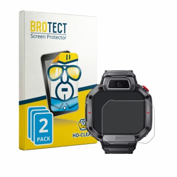 Face avant d’un emballage produit avec le logo de la marque BROTECT. À côté, l’appareil Huawei Watch Kids X1 Pro est représent