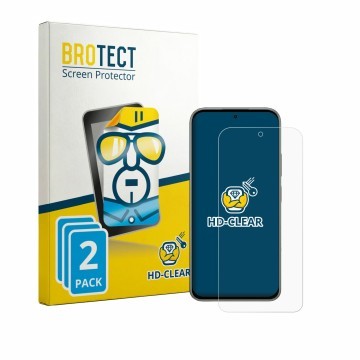 Front side of a product packaging with the brand logo BROTECT. Next to it is the device Tecno Pova 8 shown with the correspond