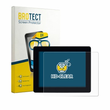 Front side of a product packaging with the brand logo BROTECT. Next to it is the device Iiyama ProLite TF1215MC-B1 shown with 