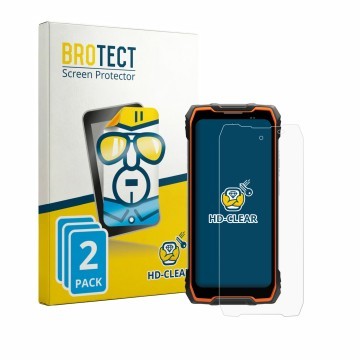 Front side of a product packaging with the brand logo BROTECT. Next to it is the device Blackview Rock 2 shown with the corres