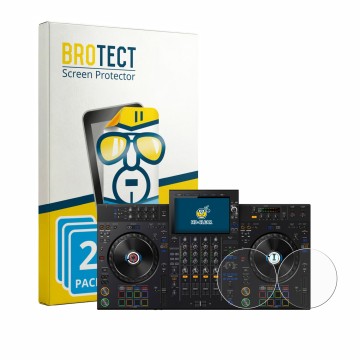 Parte frontal de un envase de producto con el logotipo de la marca BROTECT. Al lado se muestra el dispositivo AlphaTheta XDJ-A