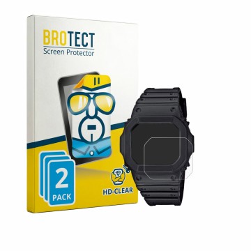 Face avant d’un emballage produit avec le logo de la marque BROTECT. À côté, l’appareil Casio G-Shock GW-M5610U-1CJF est repré