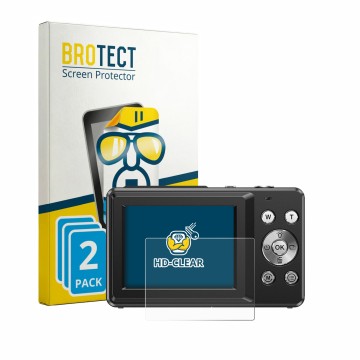 Face avant d’un emballage produit avec le logo de la marque BROTECT. À côté, l’appareil IXNAIQY Vlogging Camera for Kids est r