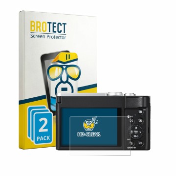 Face avant d’un emballage produit avec le logo de la marque BROTECT. À côté, l’appareil Panasonic Lumix DC-TZ99E-S est représe