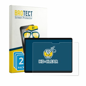 Parte frontal de un envase de producto con el logotipo de la marca BROTECT. Al lado se muestra el dispositivo Microsoft Surfac