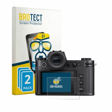 Parte frontal de un envase de producto con el logotipo de la marca BROTECT. Al lado se muestra el dispositivo Leica SL3-P con 