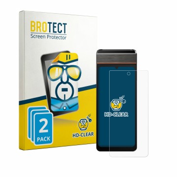 Parte frontale di una confezione del prodotto con il logo del marchio BROTECT. Accanto è raffigurato il dispositivo Sunmi V3e 