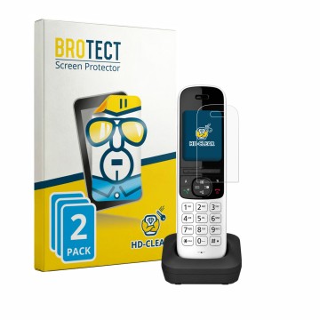 Front side of a product packaging with the brand logo BROTECT. Next to it is the device Panasonic KX-TGH723 shown with the cor
