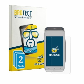 Parte frontal de un envase de producto con el logotipo de la marca BROTECT. Al lado se muestra el dispositivo Pax A910S con su