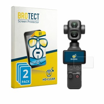 Front side of a product packaging with the brand logo BROTECT. Next to it is the device DJI Osmo Pocket 4P shown with the corr