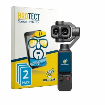 Face avant d’un emballage produit avec le logo de la marque BROTECT. À côté, l’appareil DJI Osmo Pocket 4P (Lentille) est repr