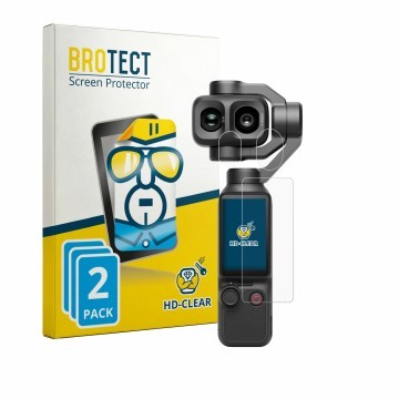 Vorderseite einer Produktverpackung mit dem Markenlogo BROTECT. Daneben ist das Gerät DJI Osmo Pocket 4P (Display + Linse) mit