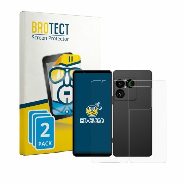 Parte frontal de un envase de producto con el logotipo de la marca BROTECT. Al lado se muestra el dispositivo Sony Xperia 1 VI