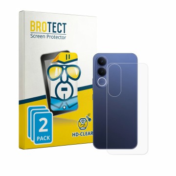 Parte frontal de un envase de producto con el logotipo de la marca BROTECT. Al lado se muestra el dispositivo Vivo V70 FE (Tra