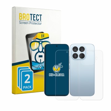 Face avant d’un emballage produit avec le logo de la marque BROTECT. À côté, l’appareil Xiaomi 17T (Avant+Arrière) est représe