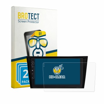 Face avant d’un emballage produit avec le logo de la marque BROTECT. À côté, l’appareil Dynavin D10-W211 Premium est représent