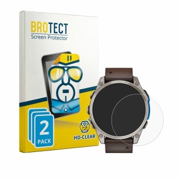 Front side of a product packaging with the brand logo BROTECT. Next to it is the device Garmin D2 Mach 2 (47 mm) shown with th