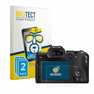 Vorderseite einer Produktverpackung mit dem Markenlogo BROTECT. Daneben ist das Gerät Canon EOS R8 Mark II mit dem zugehörigen