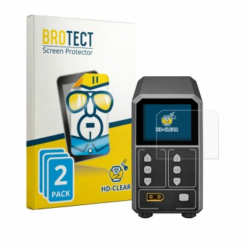 Parte frontal de un envase de producto con el logotipo de la marca BROTECT. Al lado se muestra el dispositivo SkyRc eFuel PSU2