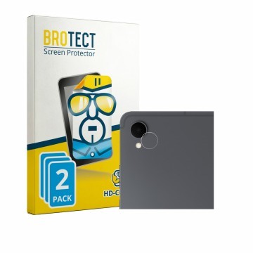 Parte frontal de un envase de producto con el logotipo de la marca BROTECT. Al lado se muestra el dispositivo Samsung Galaxy T