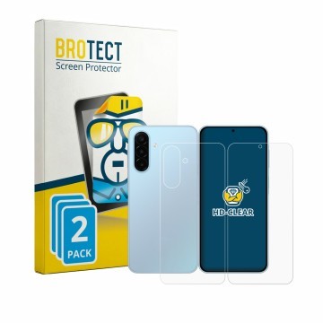 Parte frontal de un envase de producto con el logotipo de la marca BROTECT. Al lado se muestra el dispositivo Samsung Galaxy A