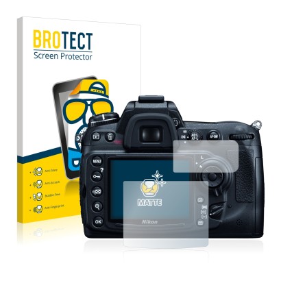 Face avant d’un emballage produit avec le logo de la marque BROTECT. À côté, l’appareil Nikon D300 est représenté avec la prot