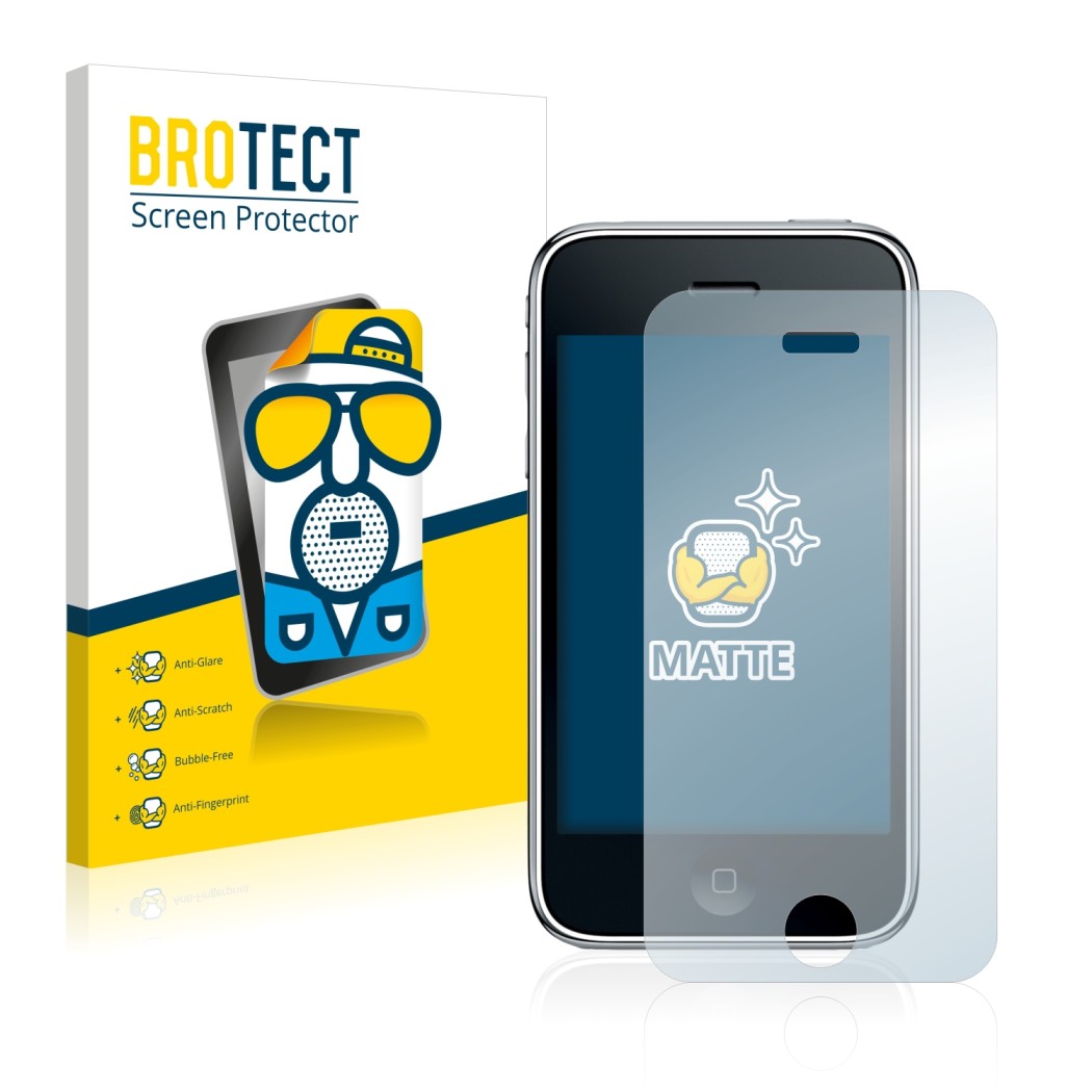 Vorderseite einer Produktverpackung mit dem Markenlogo BROTECT. Daneben ist das Gerät Apple iPhone 3GS mit dem zugehörigen Dis