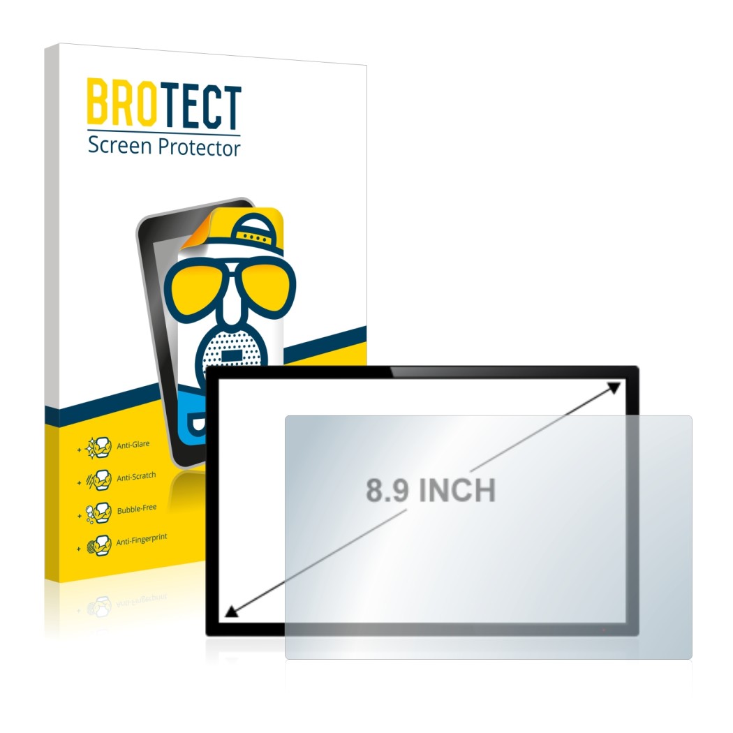 Face avant d’un emballage produit avec le logo de la marque BROTECT. À côté, l’appareil est représenté avec la protection d’éc