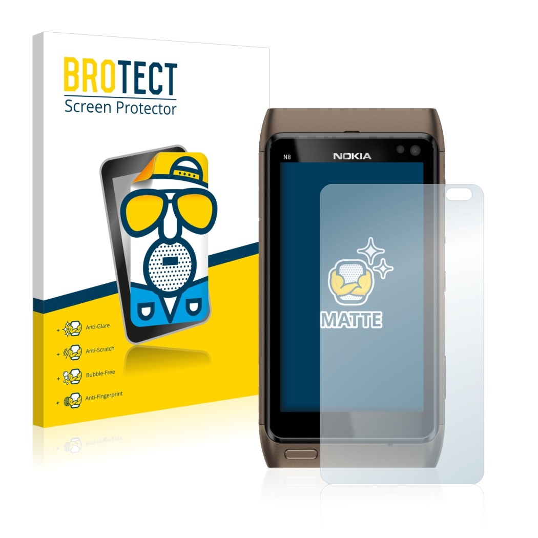 Face avant d’un emballage produit avec le logo de la marque BROTECT. À côté, l’appareil Nokia n8 est représenté avec la protec