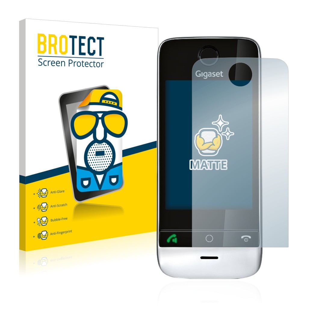 Vorderseite einer Produktverpackung mit dem Markenlogo BROTECT. Daneben ist das Gerät Gigaset SL910 (runde Aussparung) mit dem