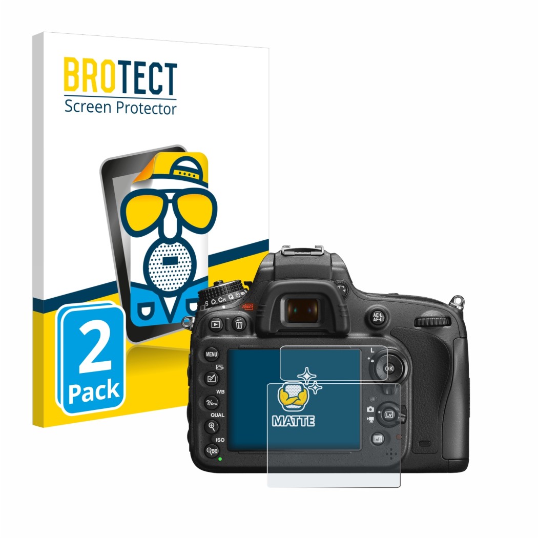 Front side of a product packaging with the brand logo BROTECT. Next to it is the device Nikon D600 shown with the correspondin