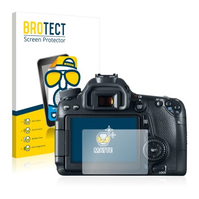 Front side of a product packaging with the brand logo BROTECT. Next to it is the device Canon EOS 70D shown with the correspon