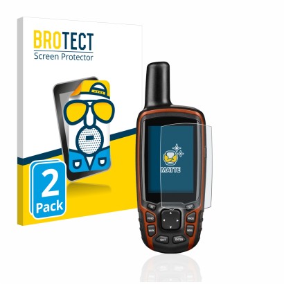 Front side of a product packaging with the brand logo BROTECT. Next to it is the device Garmin GPSMAP 64s shown with the corre