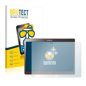 Face avant d’un emballage produit avec le logo de la marque BROTECT. À côté, l’appareil Samsung Galaxy Tab S 10.5 SM-T800 est 