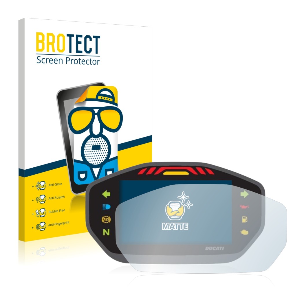 Parte frontal de un envase de producto con el logotipo de la marca BROTECT. Al lado se muestra el dispositivo Ducati Monster 1