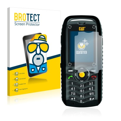 Front side of a product packaging with the brand logo BROTECT. Next to it is the device Caterpillar Cat B25 shown with the cor