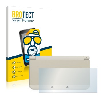 Face avant d’un emballage produit avec le logo de la marque BROTECT. À côté, l’appareil Nintendo New 3DS (boîtier) est représe